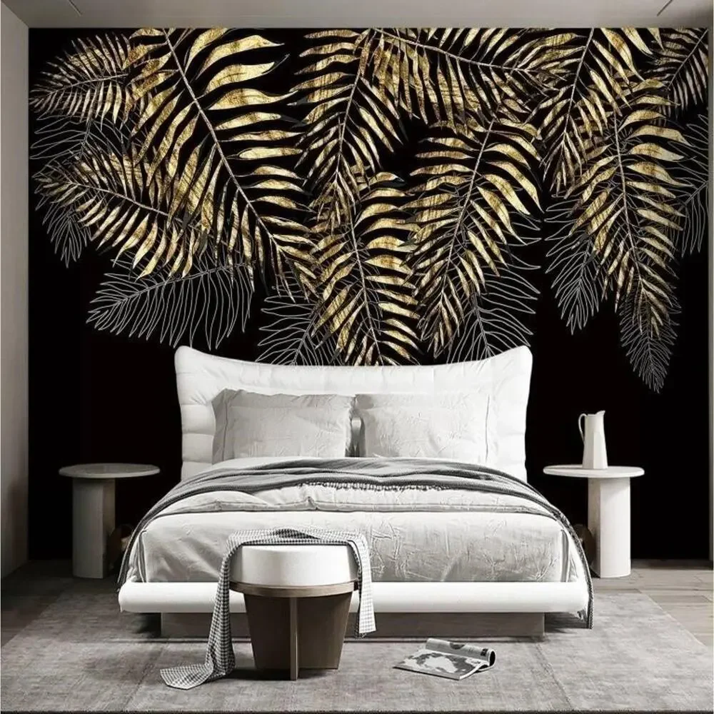 NEW Botanical Black & Gold Palm Leaves Photo Fabric Wall Mural 160